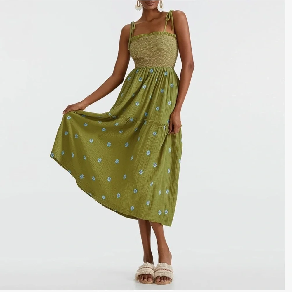 Smocked Tiered Midi Dress in Olive Green - Picture 4 of 10